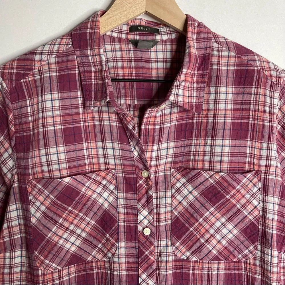 Women’s Eddie Bauer Red Burgundy Plaid Button Up Size Large